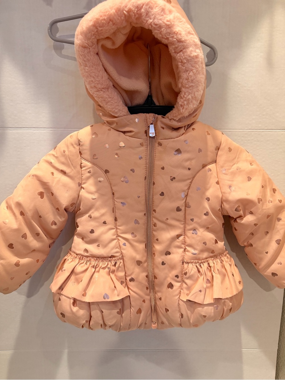 Kensie Girl Peach Heart-Print Puffer Jacket with Hood